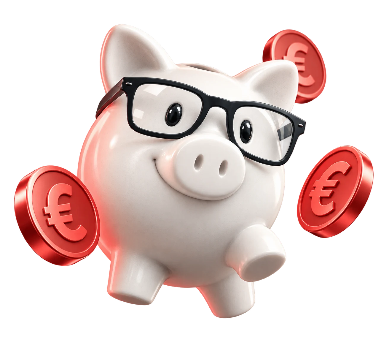 El cerdito de BusPig, con sus gafas negras y monedas rojas flotando
